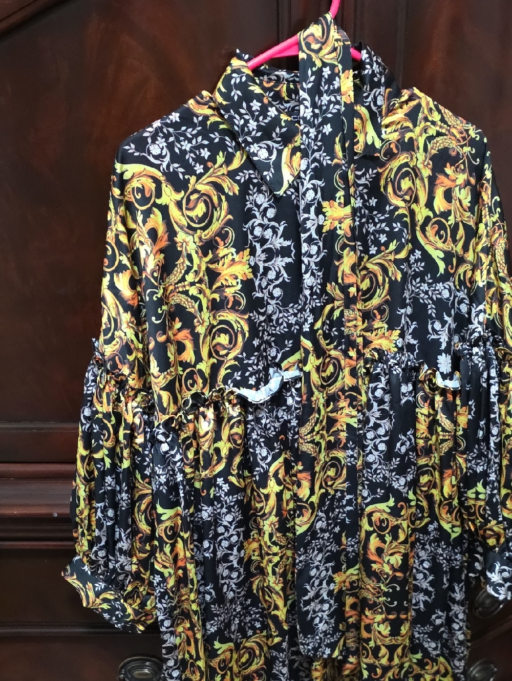 Bloomingdale's Black Dress with Gold & Yellow Scroll Print